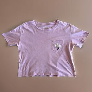 HOLLISTER SMALL Pink w/ White Embroidered Flowers CROP TOP Tee T-Shirt